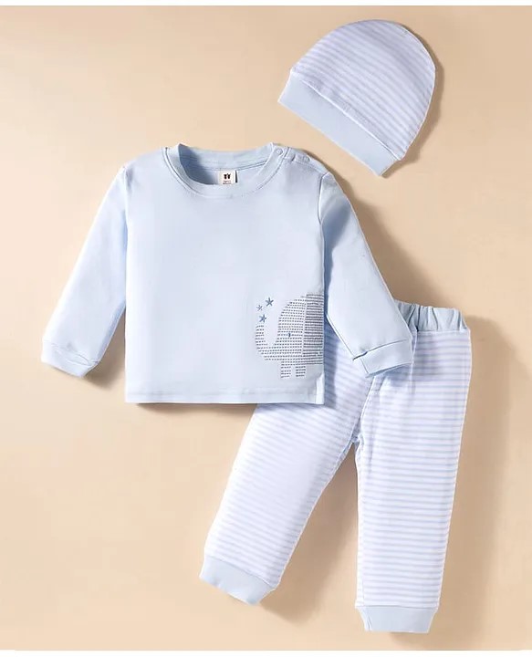 ToffyHouse Cotton Knit Full Sleeves Striped T-Shirt & Joggers Set with Cap & Animal Embroidery - Light Blue